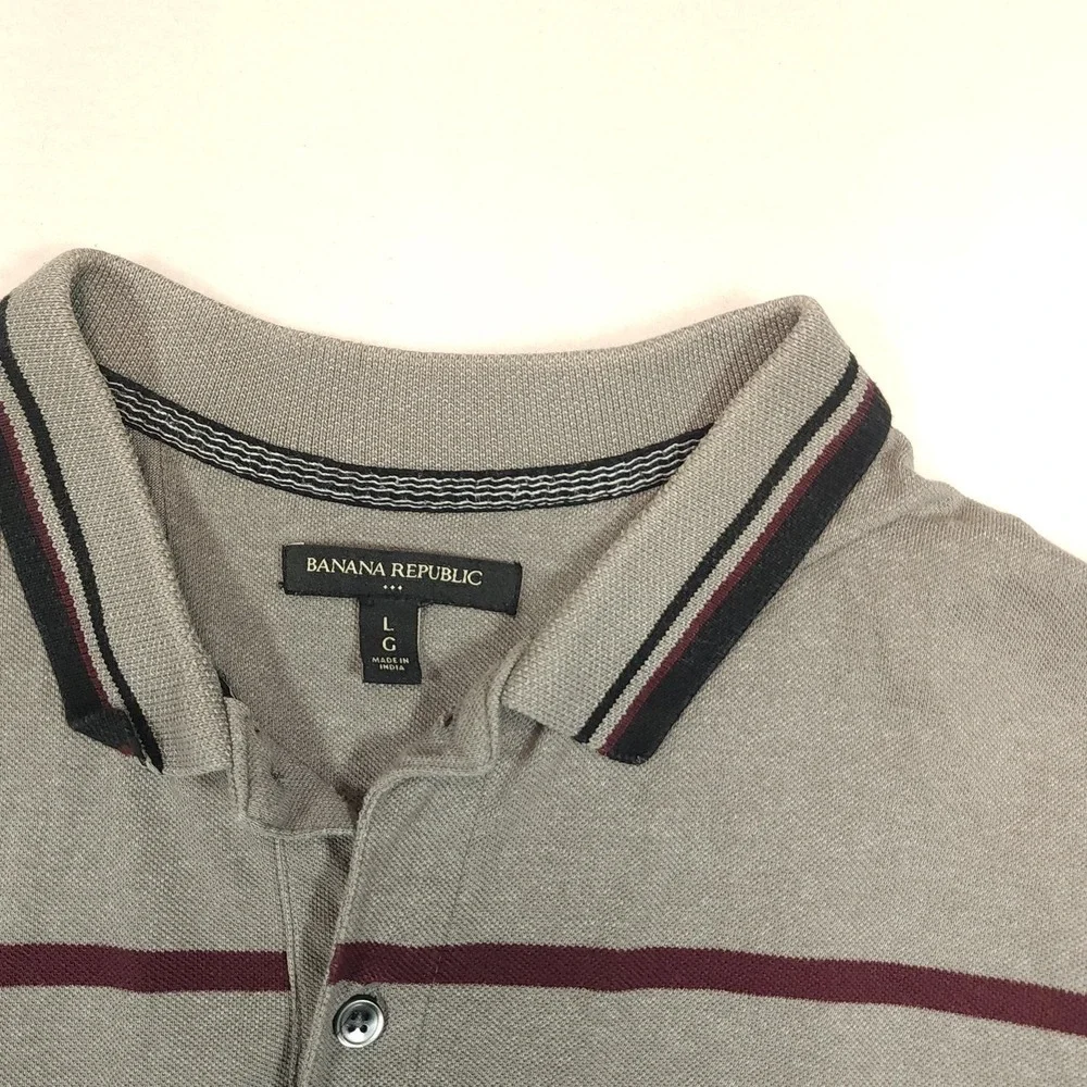 Banana Republic Polo Shirt Mens Large Gray Short Sleeve Striped‎ Cotton Collared